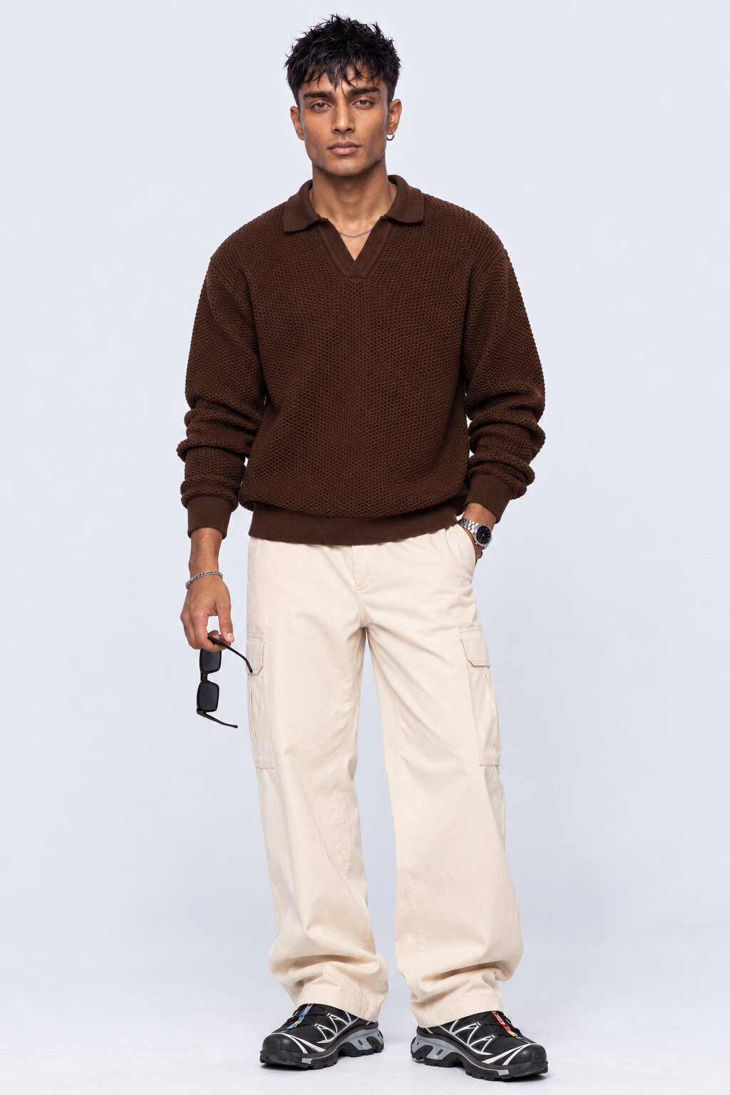 Mens Brown Textured Knit Polo Sweatshirt - Image 6