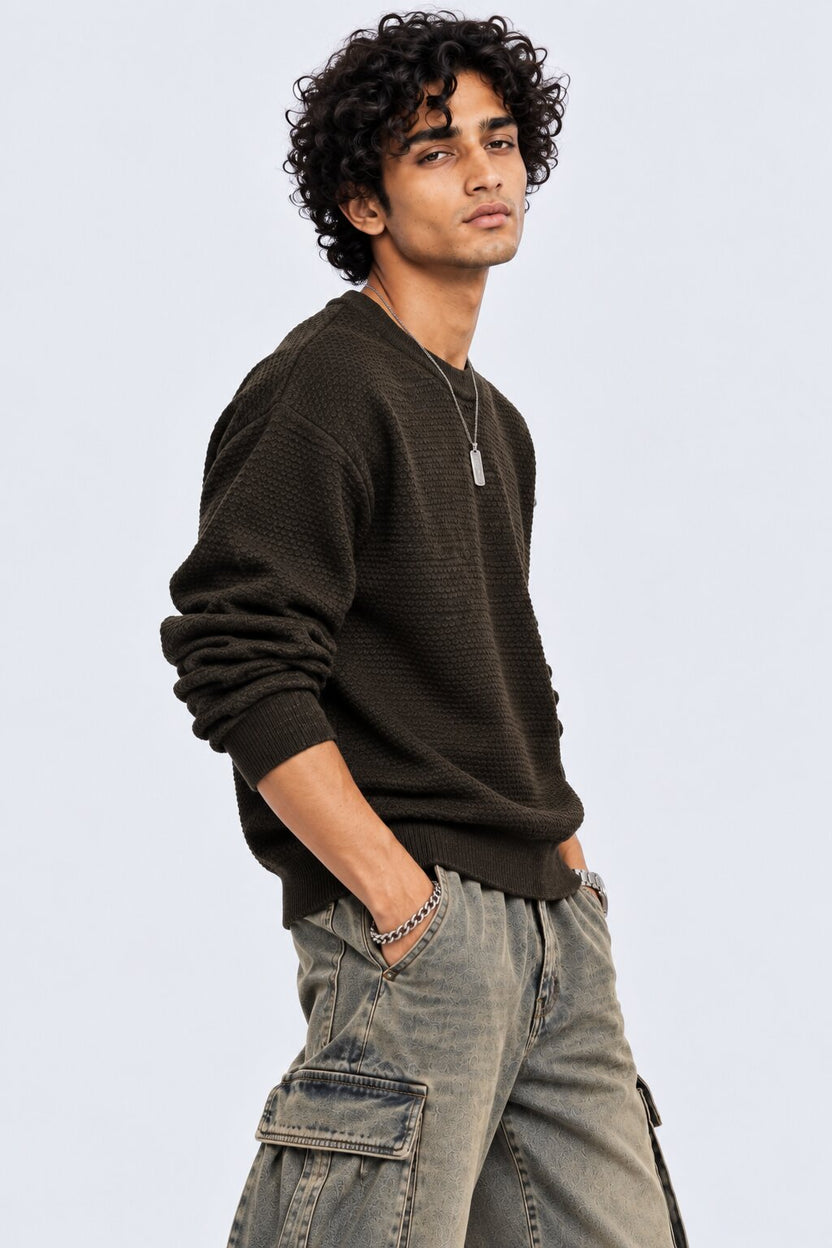 Mens Olive  Textured Crew Neck Knit Sweater - Image 2