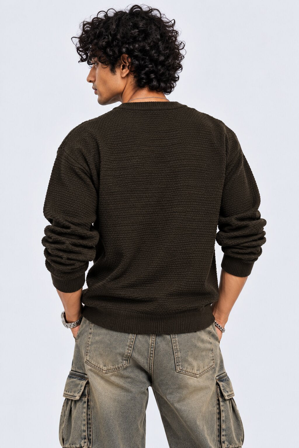 Mens Olive  Textured Crew Neck Knit Sweater - Image 4