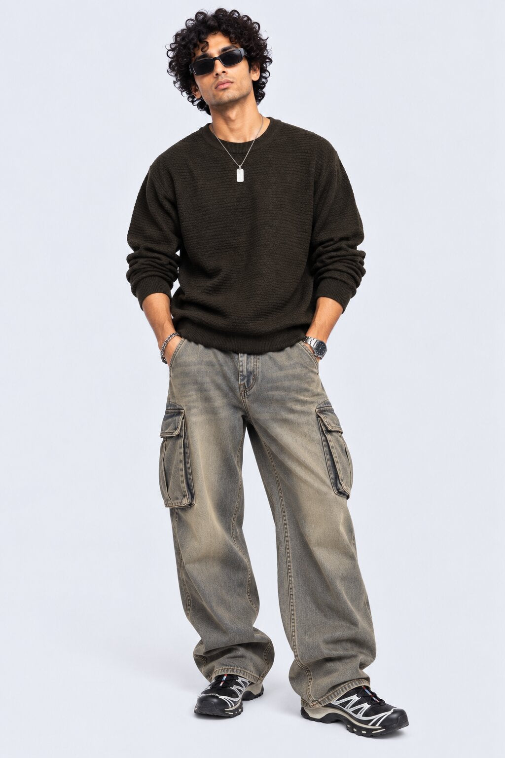 Mens Olive  Textured Crew Neck Knit Sweater - Image 5