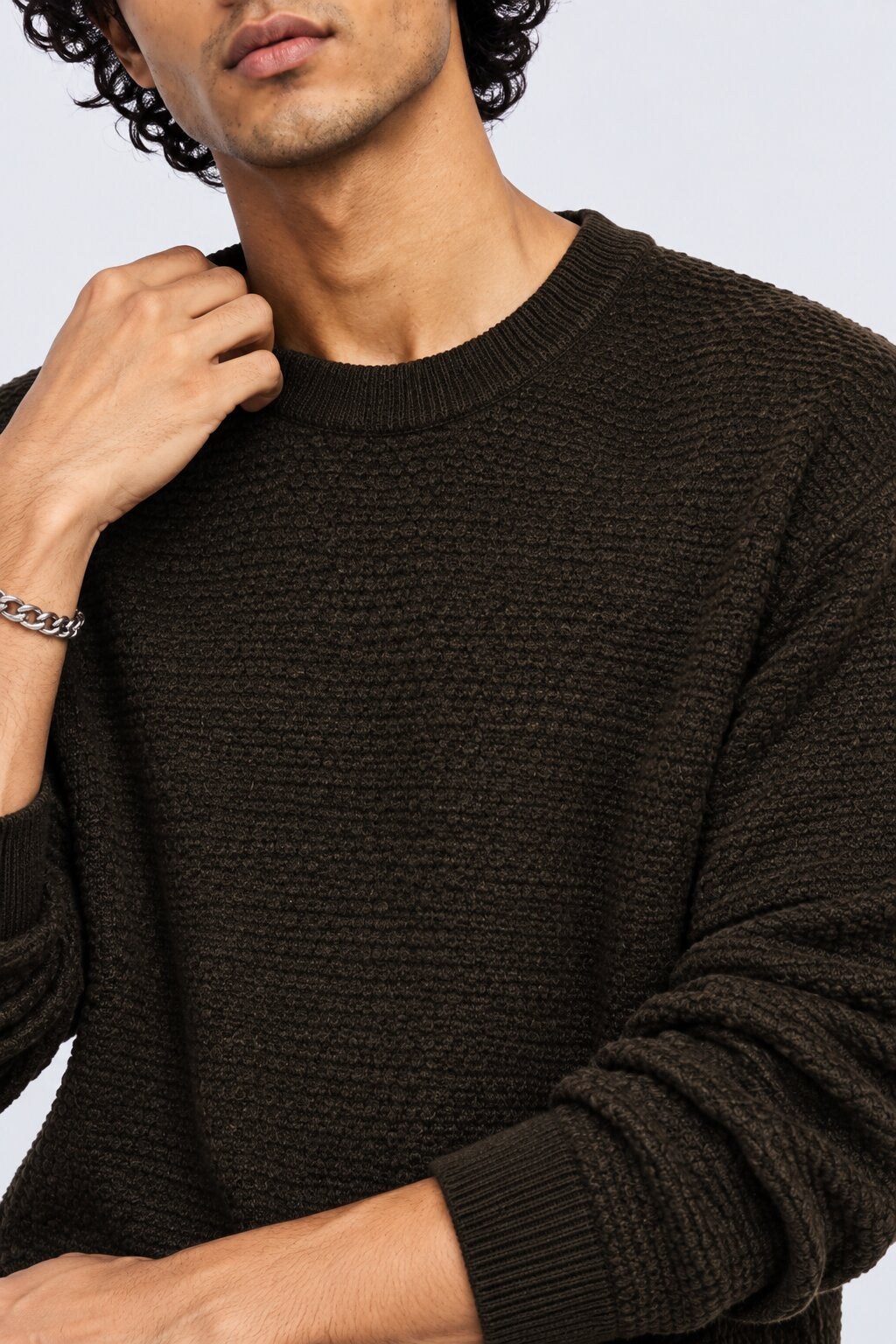 Mens Olive  Textured Crew Neck Knit Sweater - Image 8