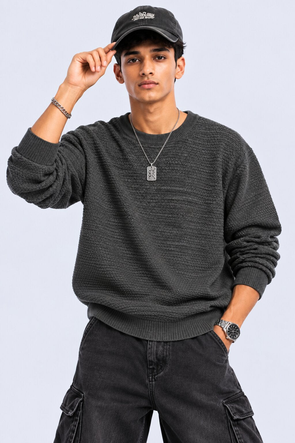 Mens Grey Textured Crew Neck Knit Sweater - Image 1