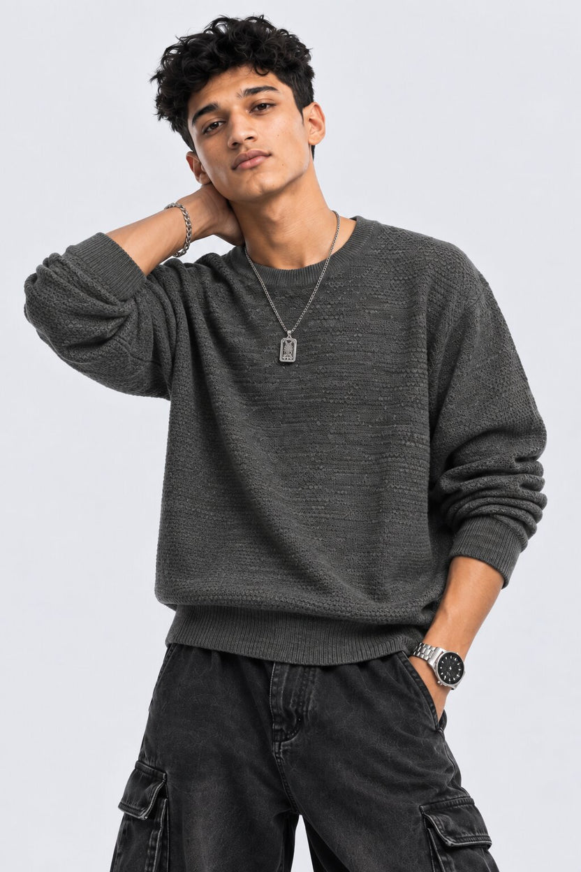 Mens Grey Textured Crew Neck Knit Sweater - Image 2