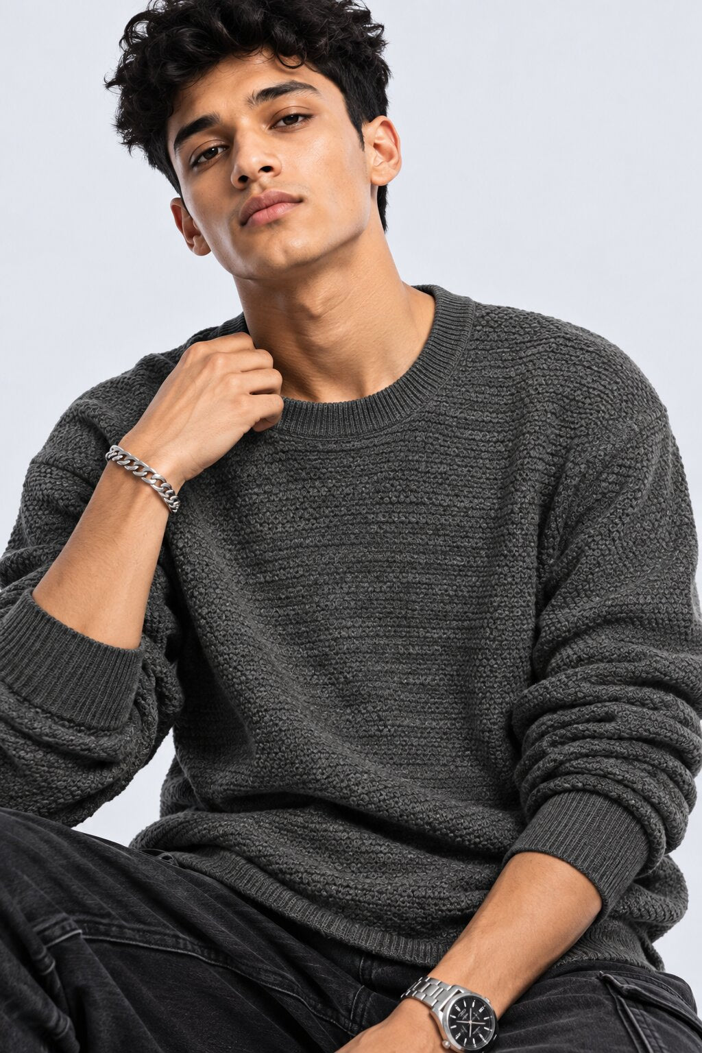Mens Grey Textured Crew Neck Knit Sweater - Image 3