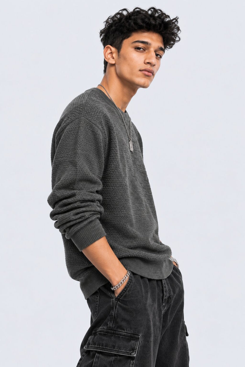 Mens Grey Textured Crew Neck Knit Sweater - Image 4