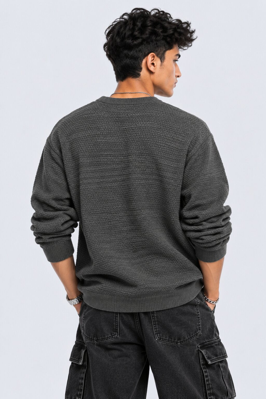Mens Grey Textured Crew Neck Knit Sweater - Image 5