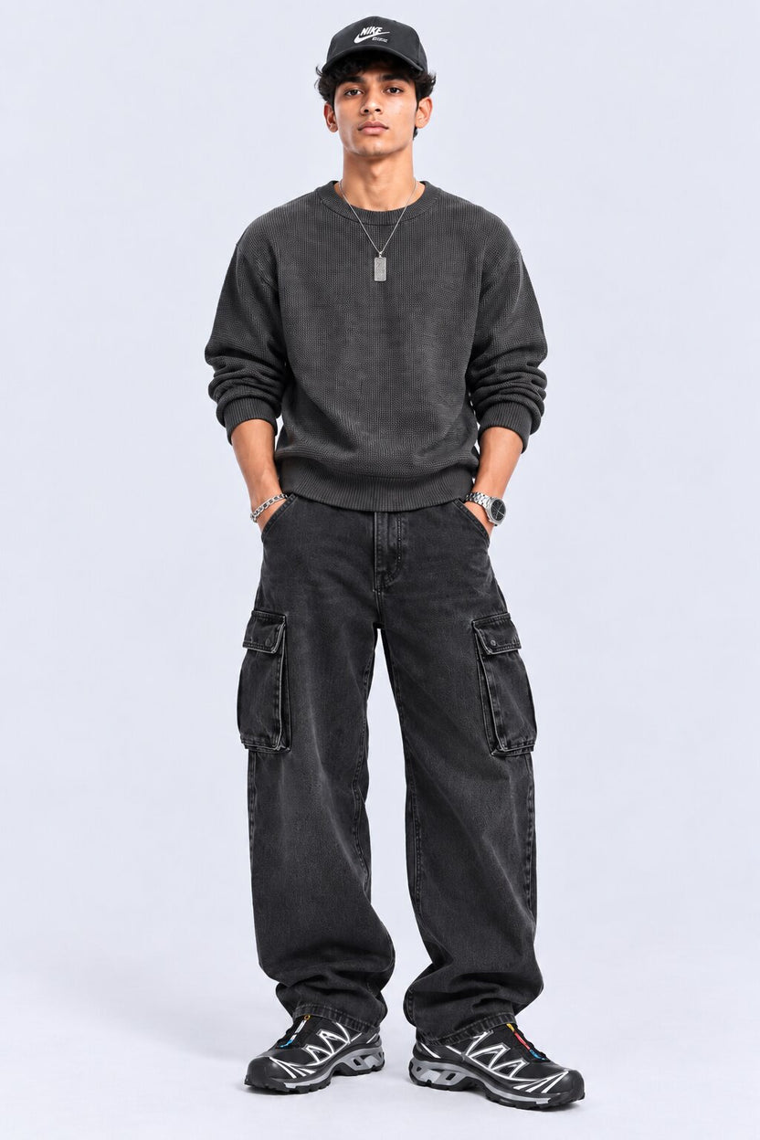 Mens Grey Textured Crew Neck Knit Sweater - Image 6