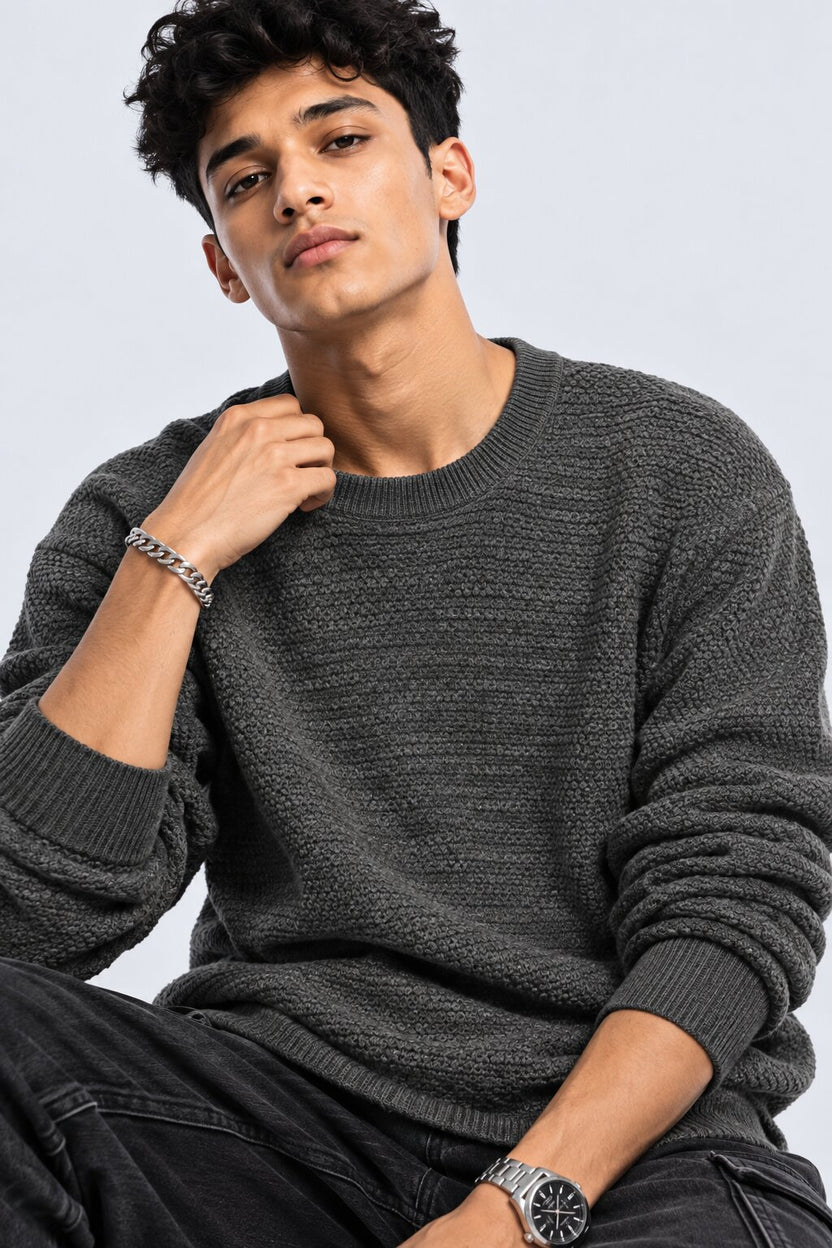 Mens Grey Textured Crew Neck Knit Sweater - Image 9