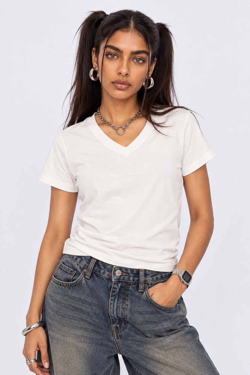 Womens Solid White V-Neck T-Shirt - Image 2