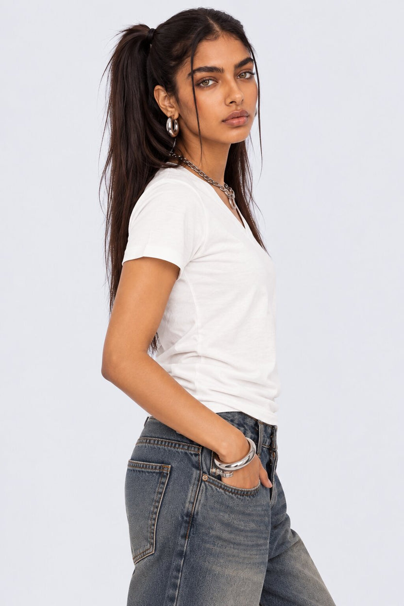 Womens Solid White V-Neck T-Shirt - Image 4