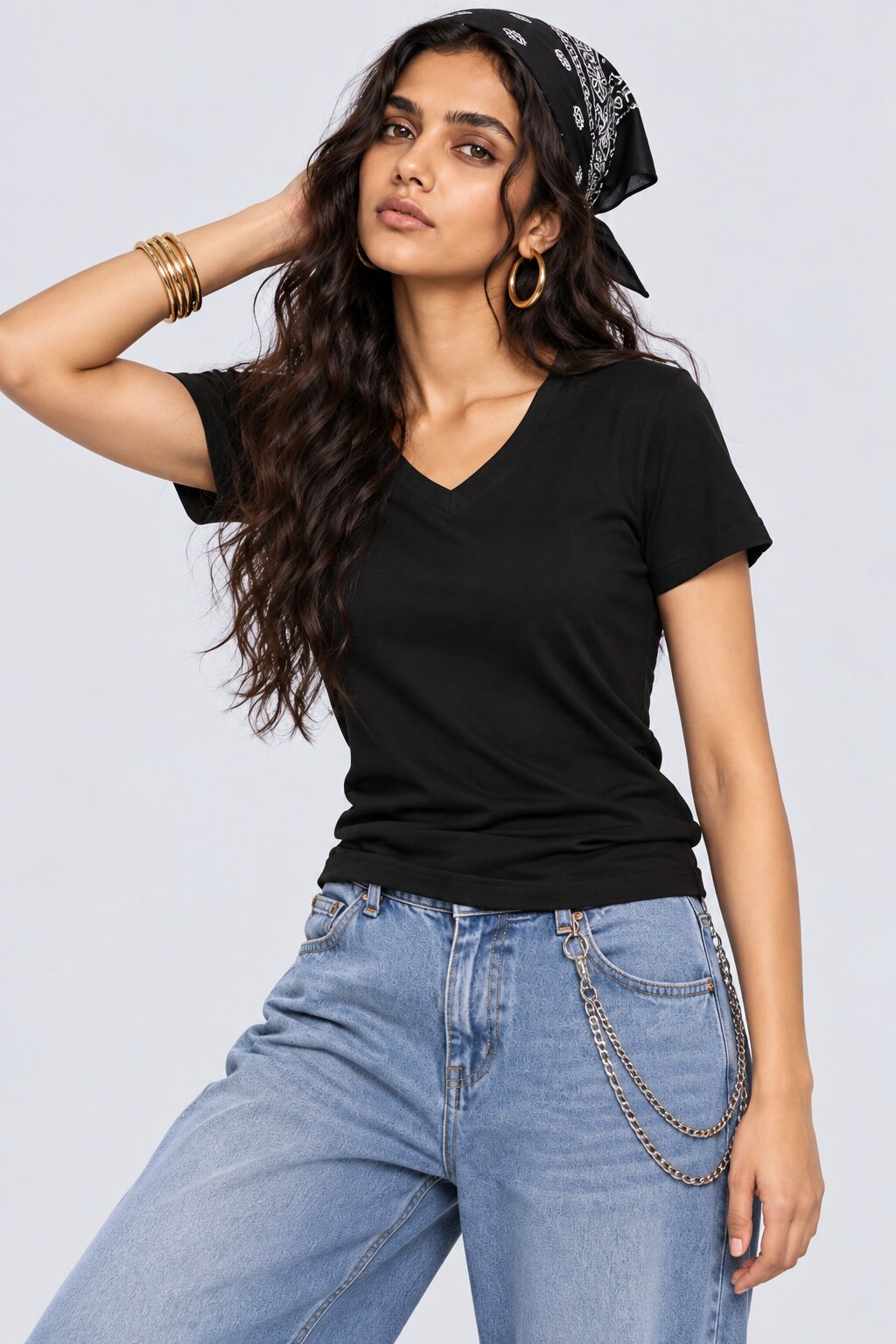 Womens Solid Black V-Neck T-Shirt - Image 1