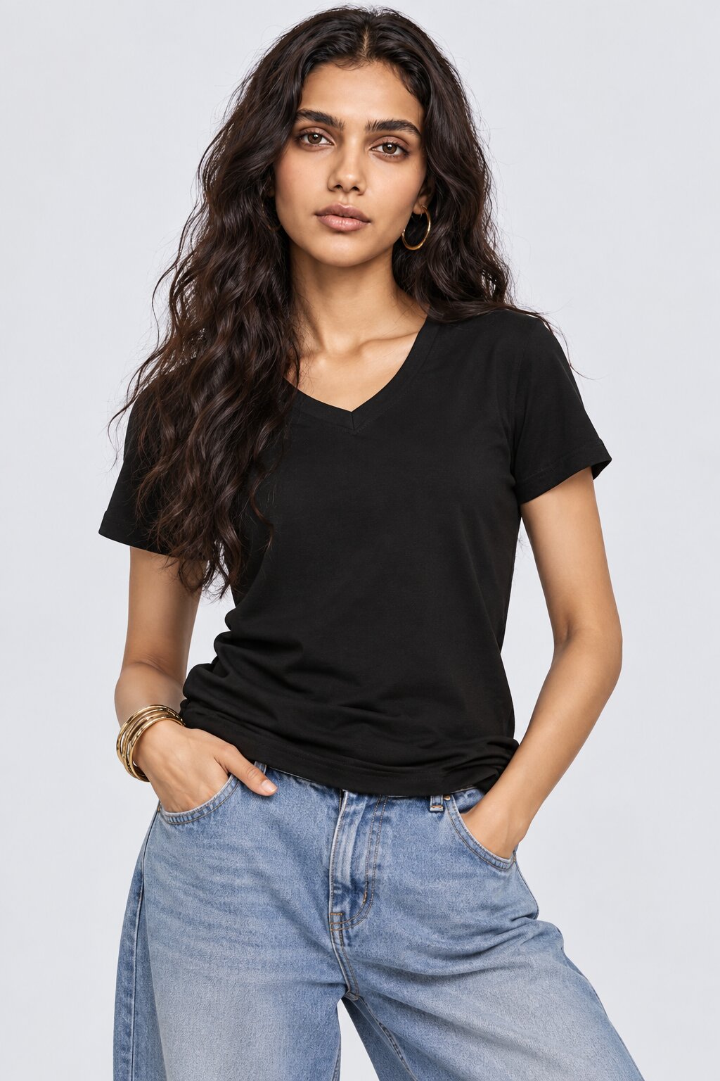 Womens Solid Black V-Neck T-Shirt - Image 2