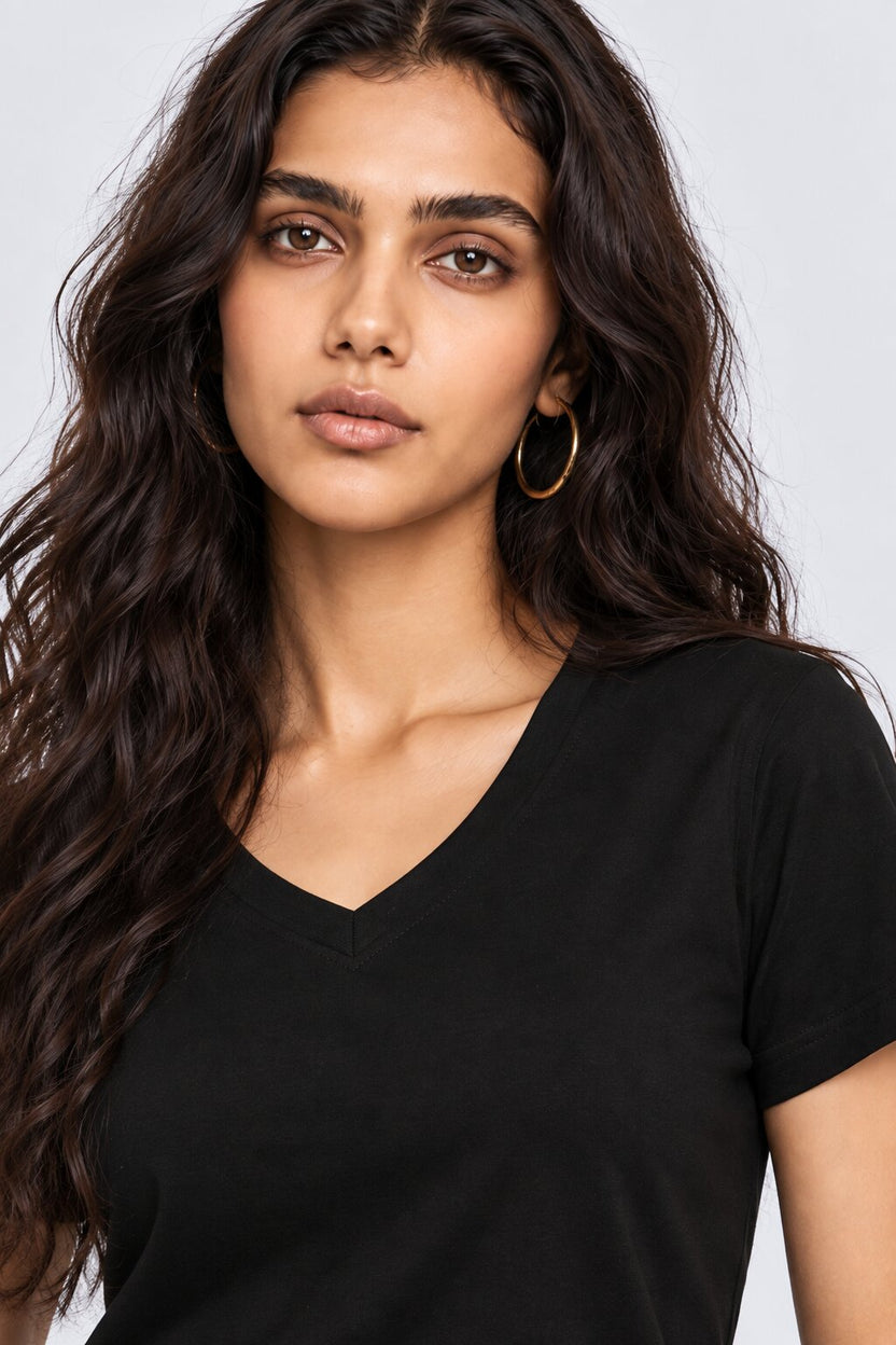 Womens Solid Black V-Neck T-Shirt - Image 3