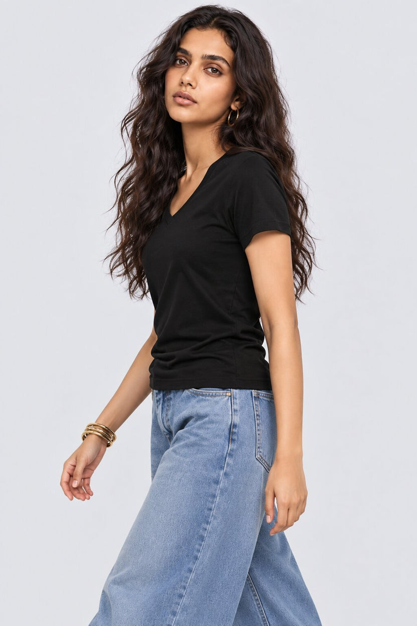 Womens Solid Black V-Neck T-Shirt - Image 4