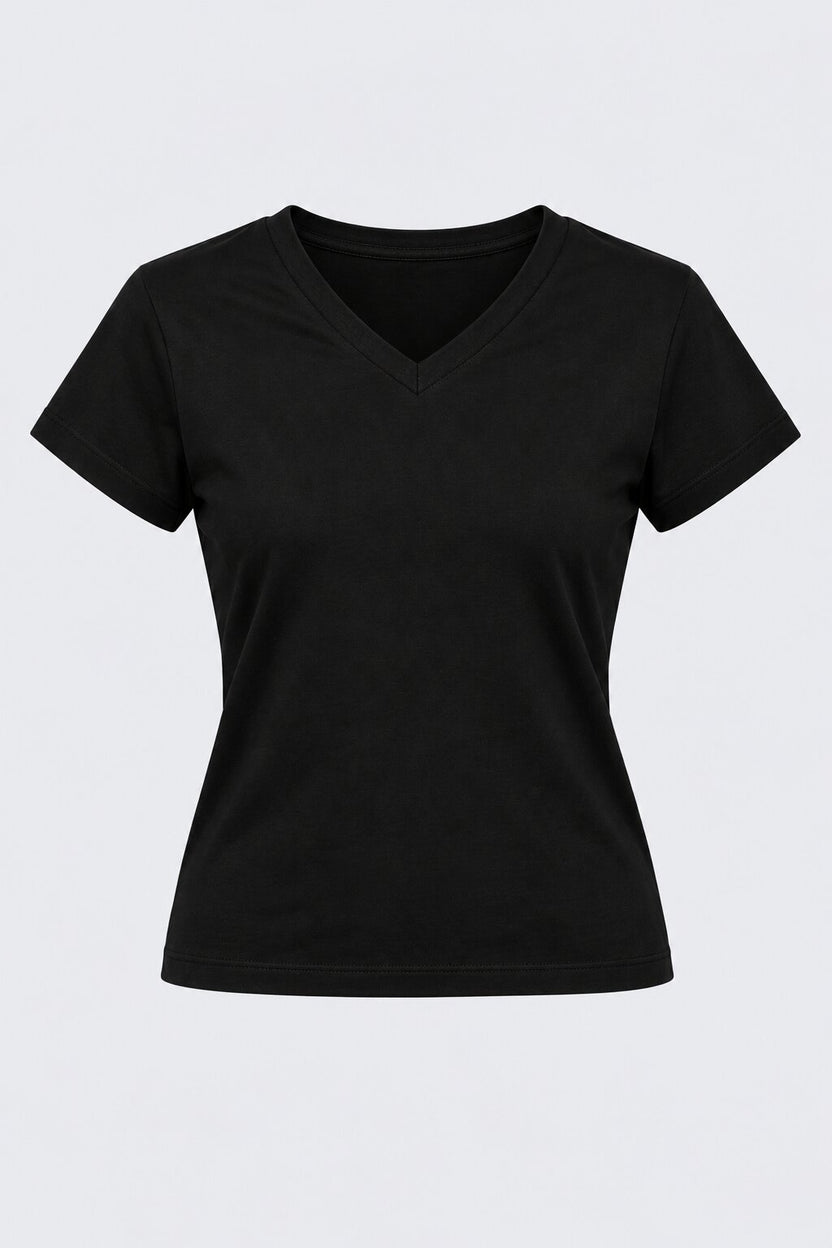 Womens Solid Black V-Neck T-Shirt - Image 7