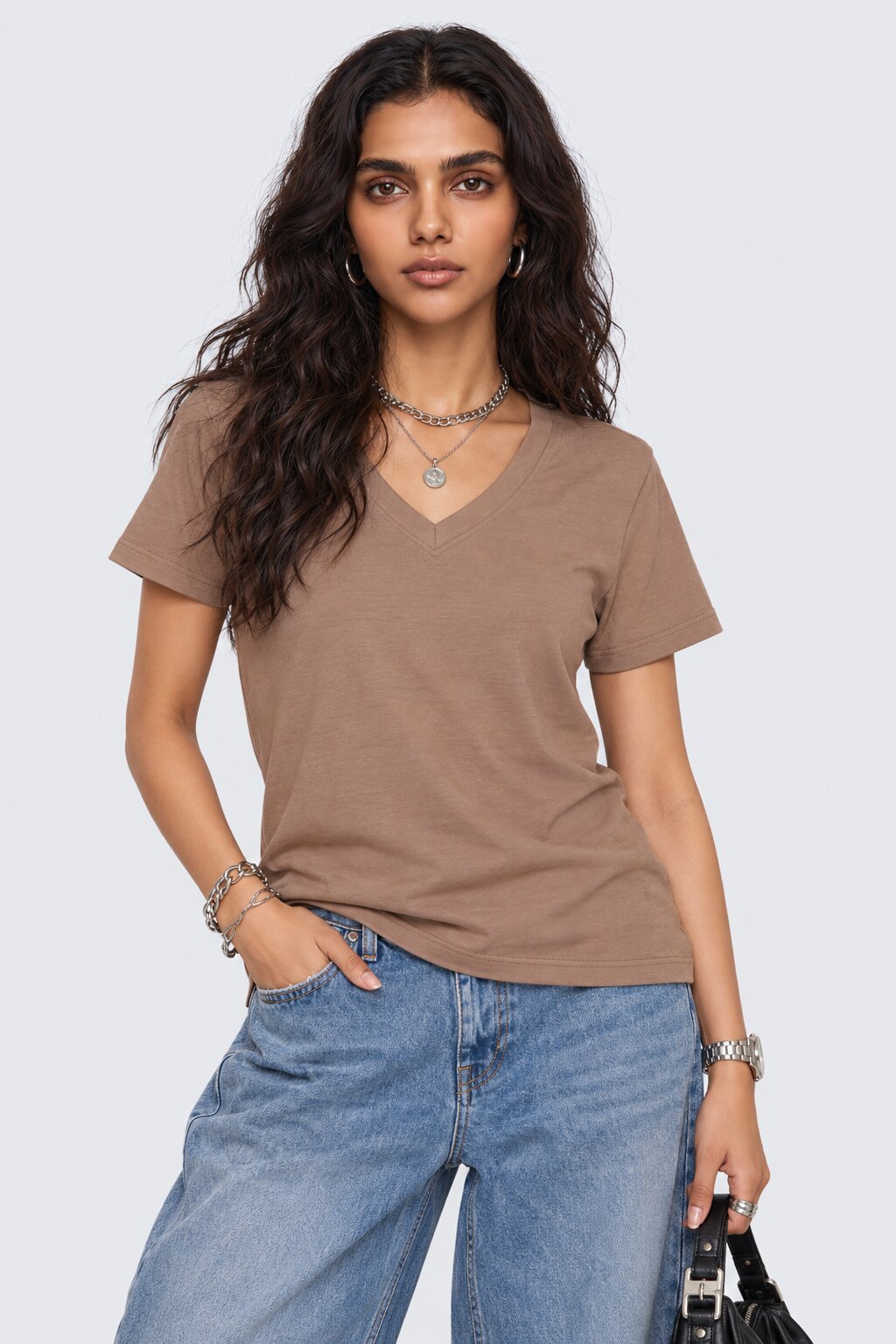 Womens Solid Beige V-Neck T-Shirt - Image 1
