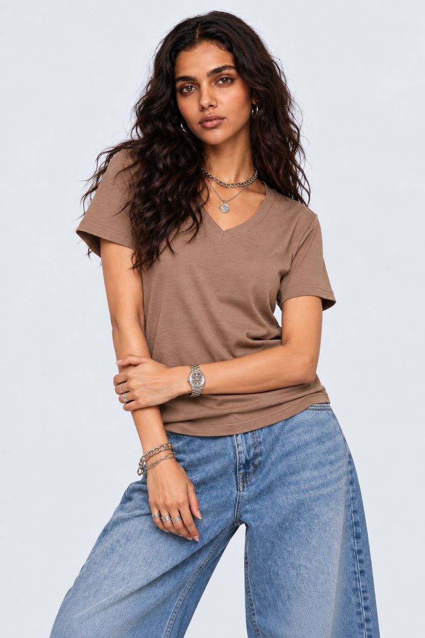 Womens Solid Beige V-Neck T-Shirt - Image 2