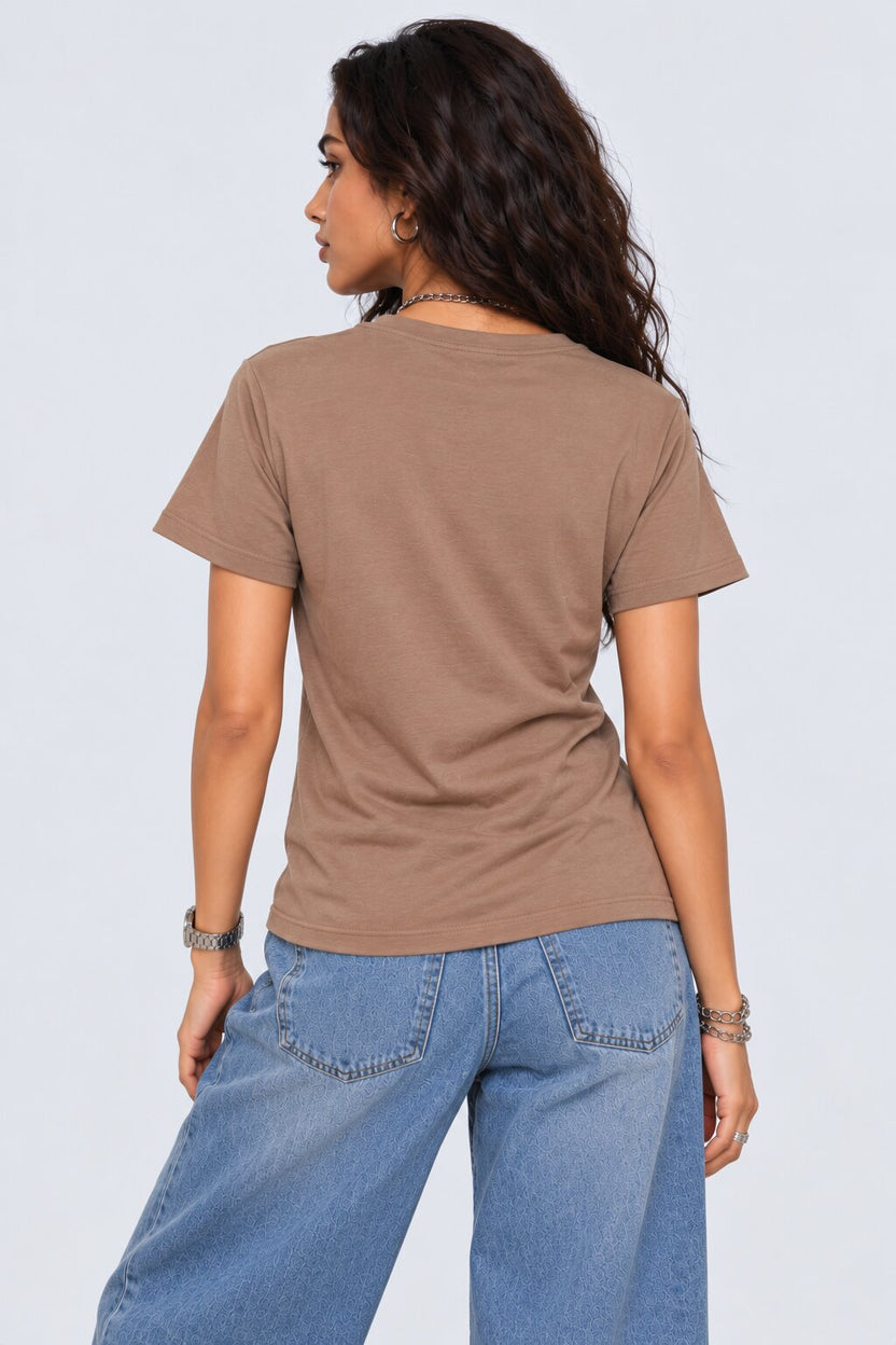 Womens Solid Beige V-Neck T-Shirt - Image 5