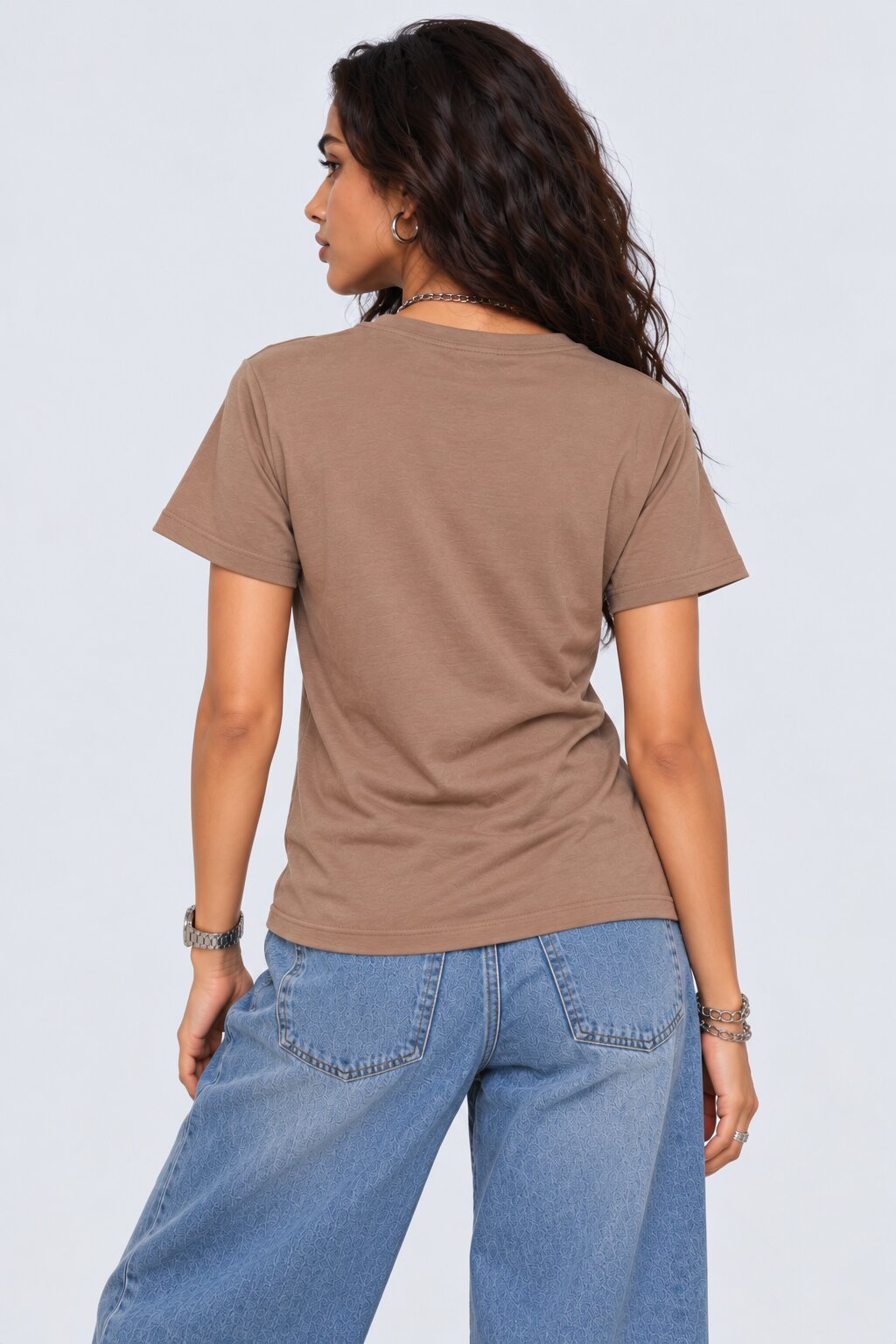 Womens Solid Beige V-Neck T-Shirt - Image 5