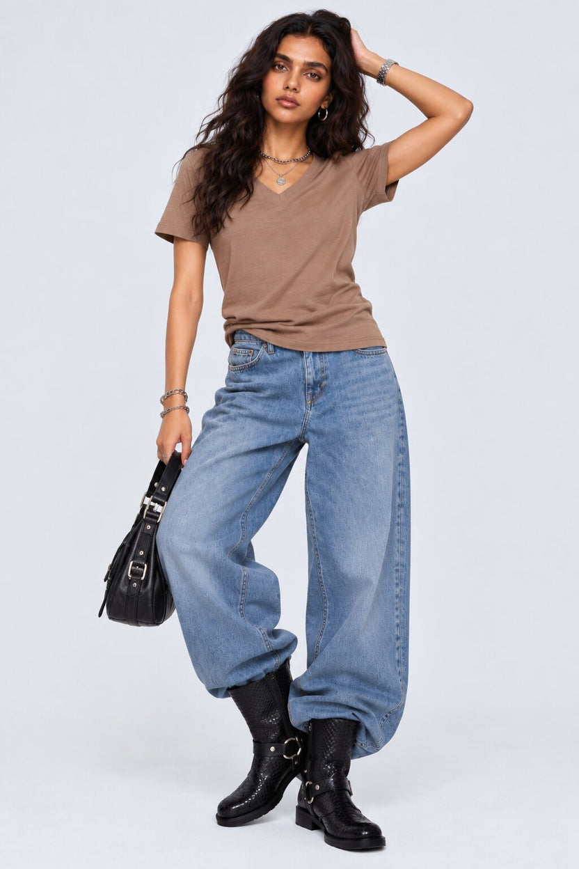 Womens Solid Beige V-Neck T-Shirt - Image 6