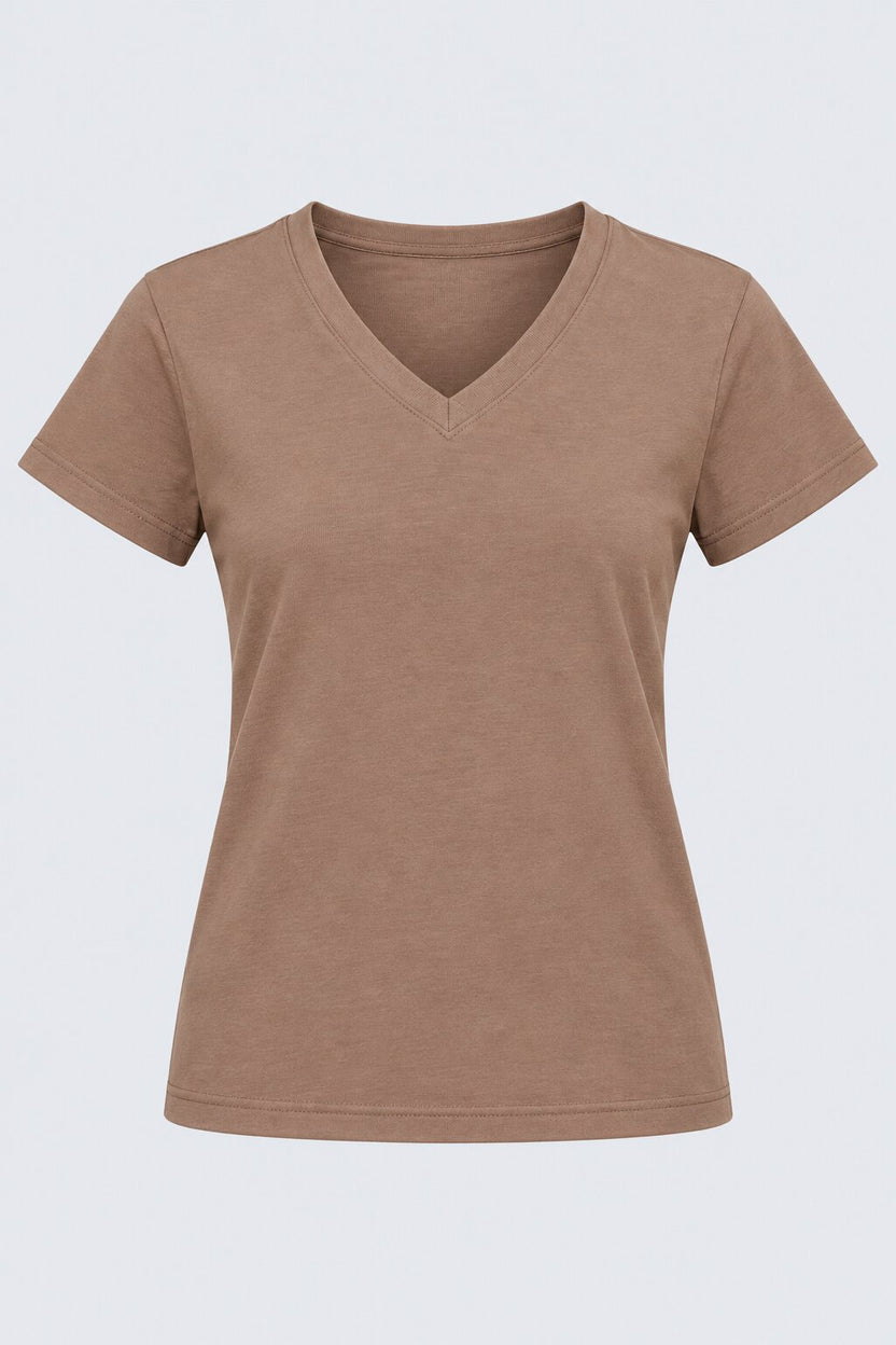 Womens Solid Beige V-Neck T-Shirt - Image 7