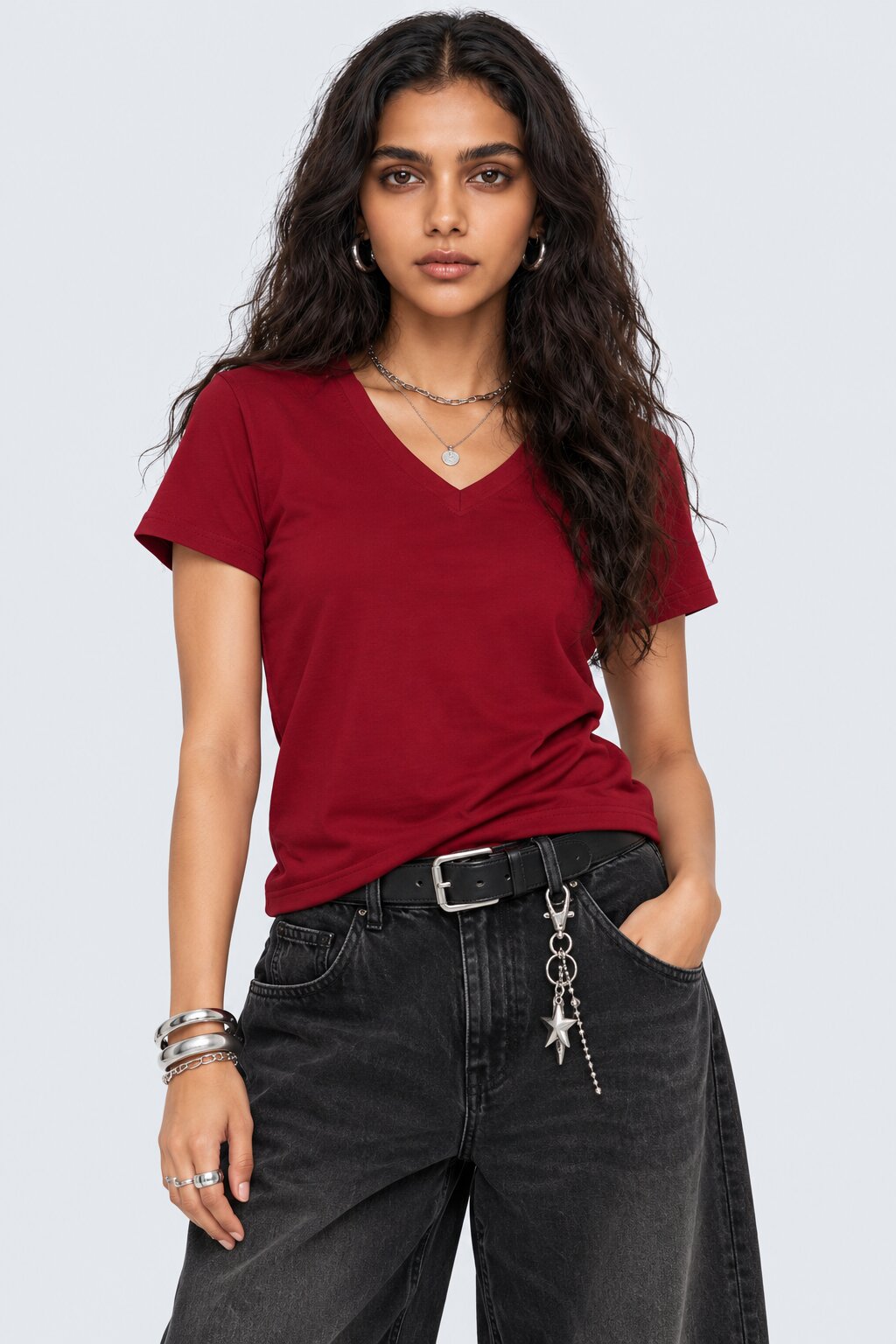 Womens Solid Red V-Neck T-Shirt - Image 1