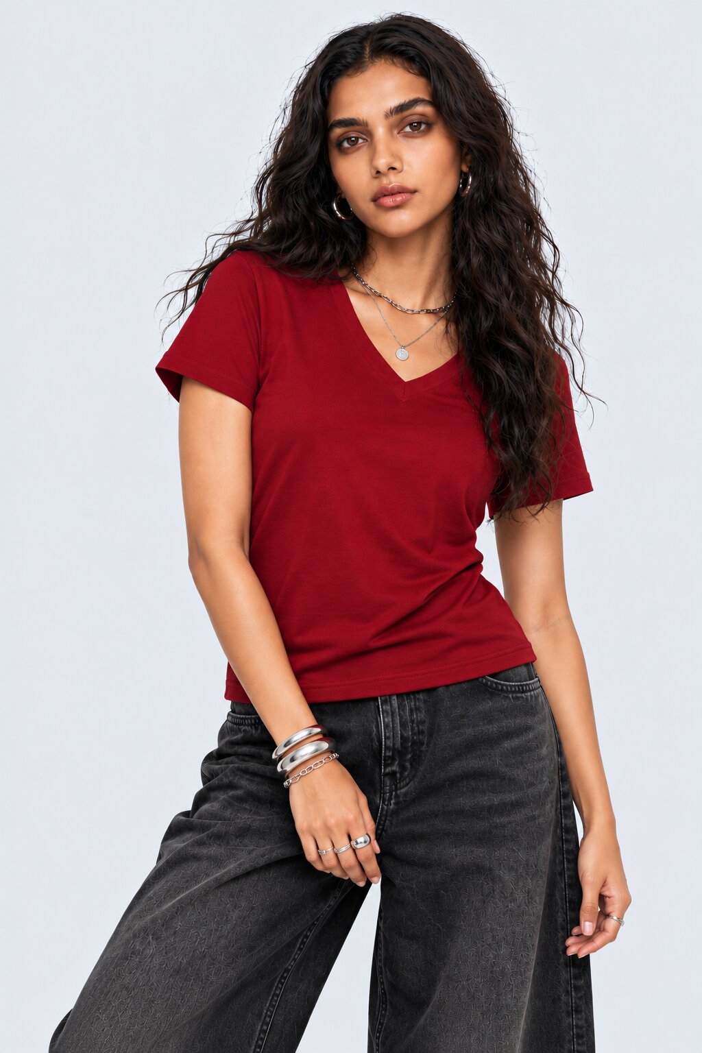 Womens Solid Red V-Neck T-Shirt - Image 2