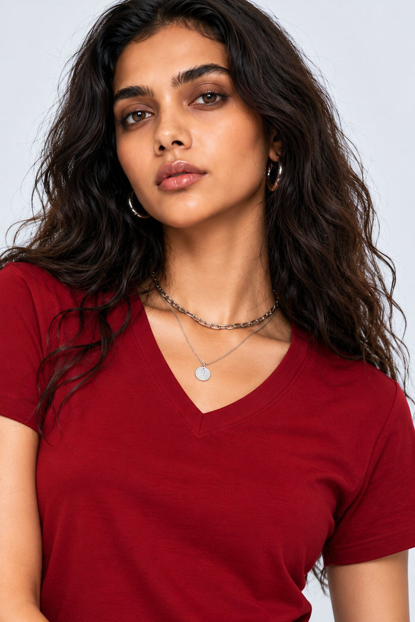 Womens Solid Red V-Neck T-Shirt - Image 3