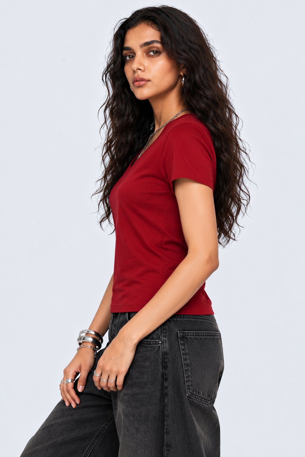 Womens Solid Red V-Neck T-Shirt - Image 4