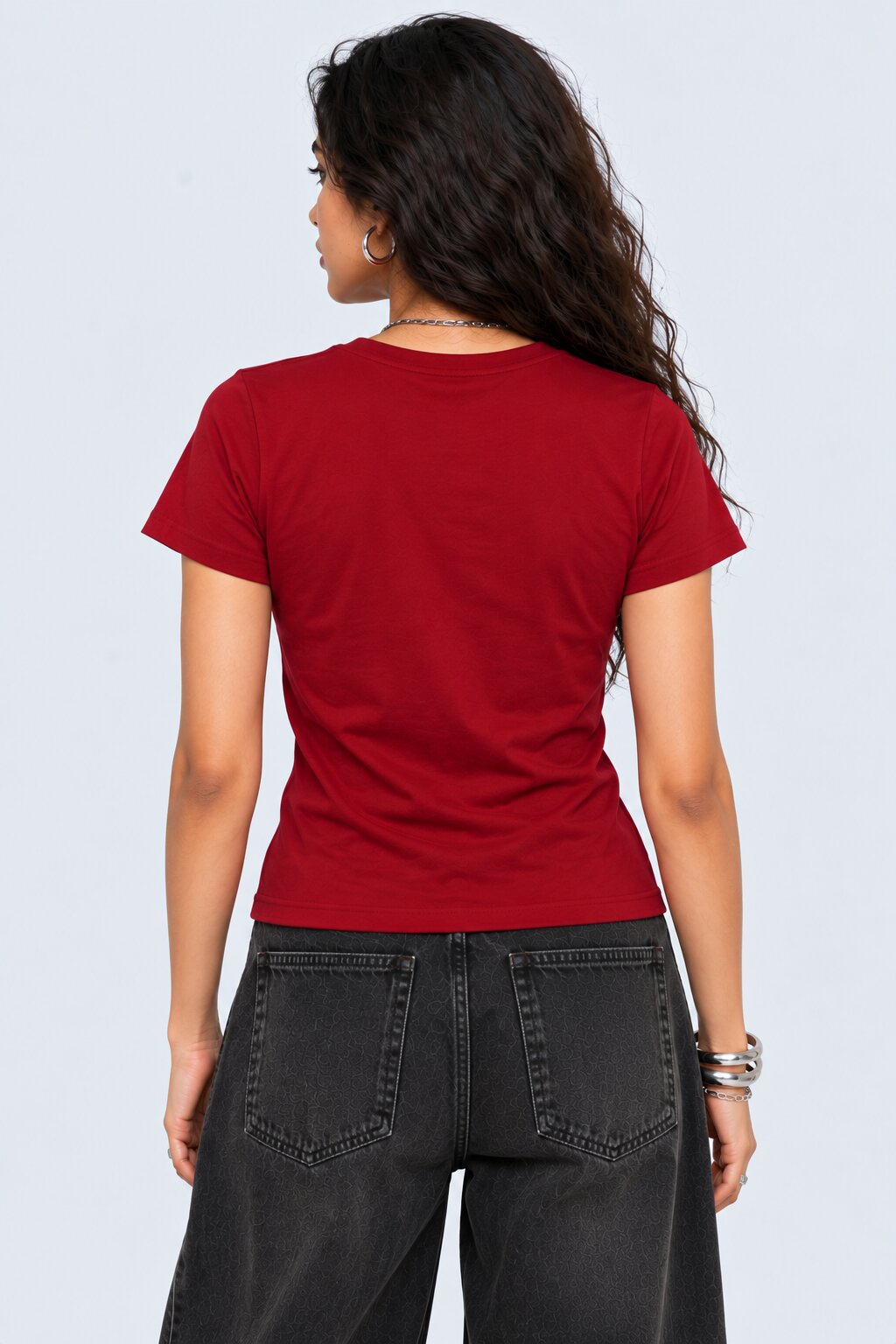 Womens Solid Red V-Neck T-Shirt - Image 5