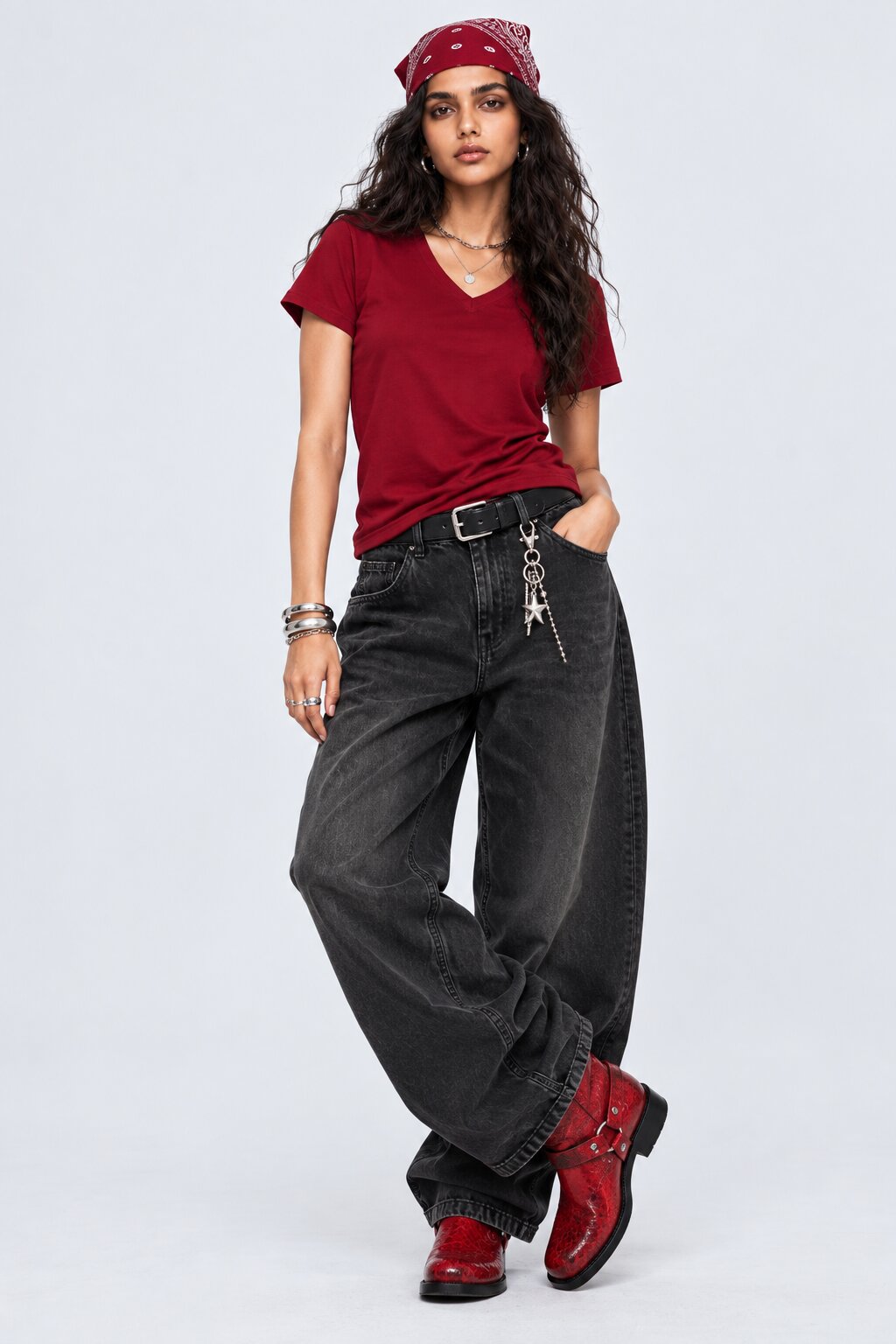 Womens Solid Red V-Neck T-Shirt - Image 6
