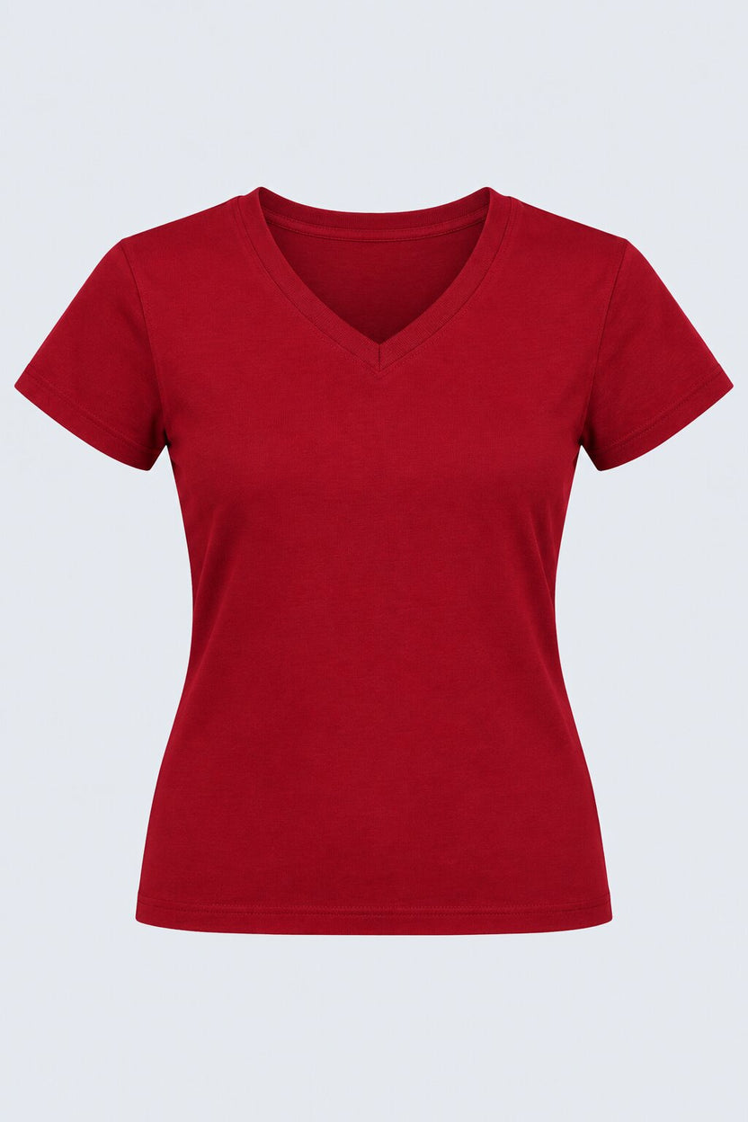 Womens Solid Red V-Neck T-Shirt - Image 7