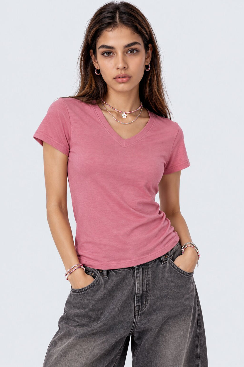 Womens Solid Pink V-Neck T-Shirt - Image 2