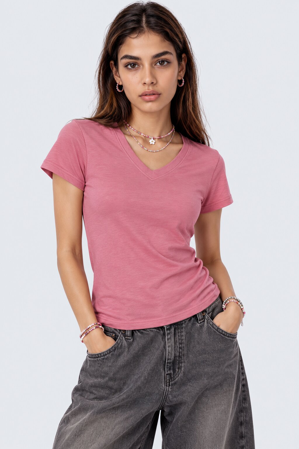 Womens Solid Pink V-Neck T-Shirt - Image 2