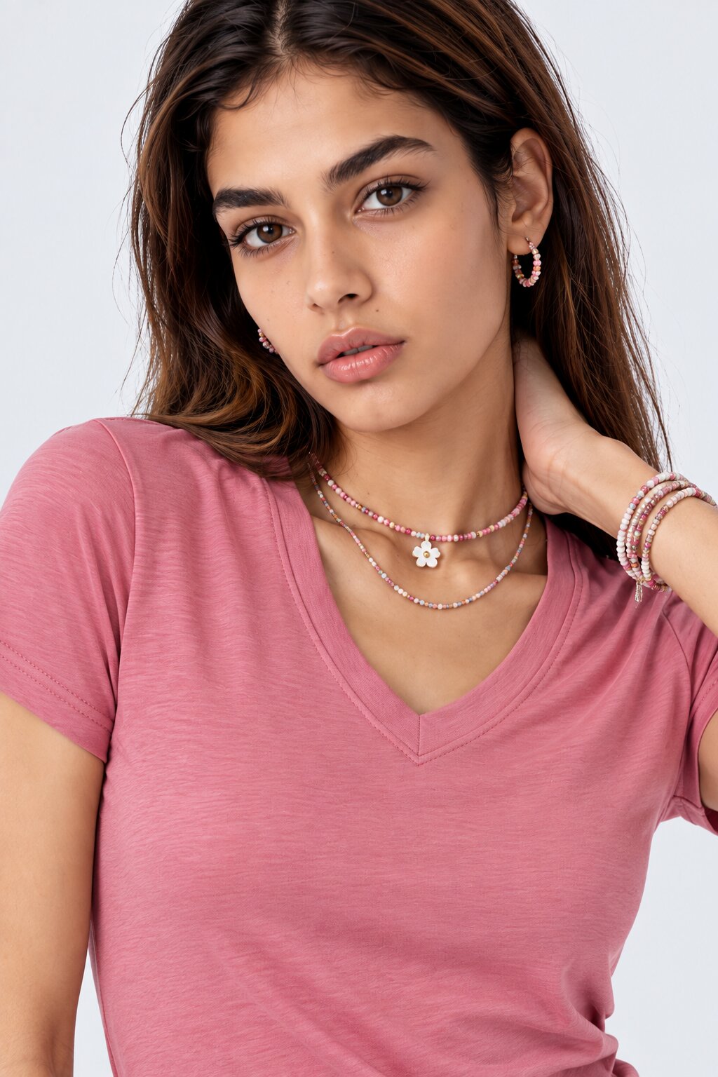 Womens Solid Pink V-Neck T-Shirt - Image 3