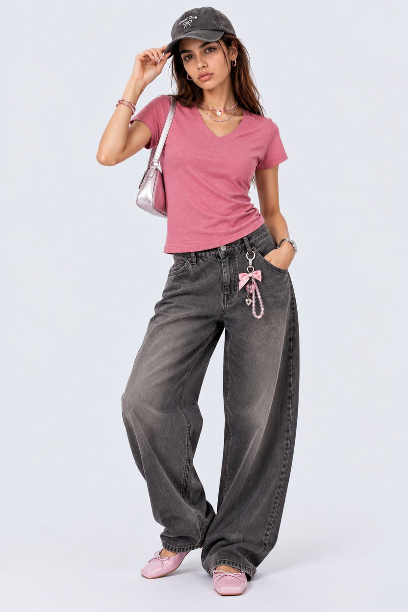 Womens Solid Pink V-Neck T-Shirt - Image 6