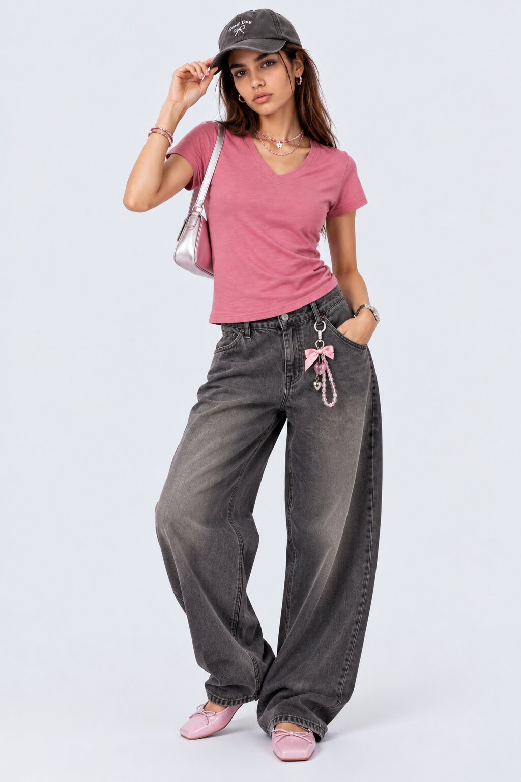 Womens Solid Pink V-Neck T-Shirt - Image 6