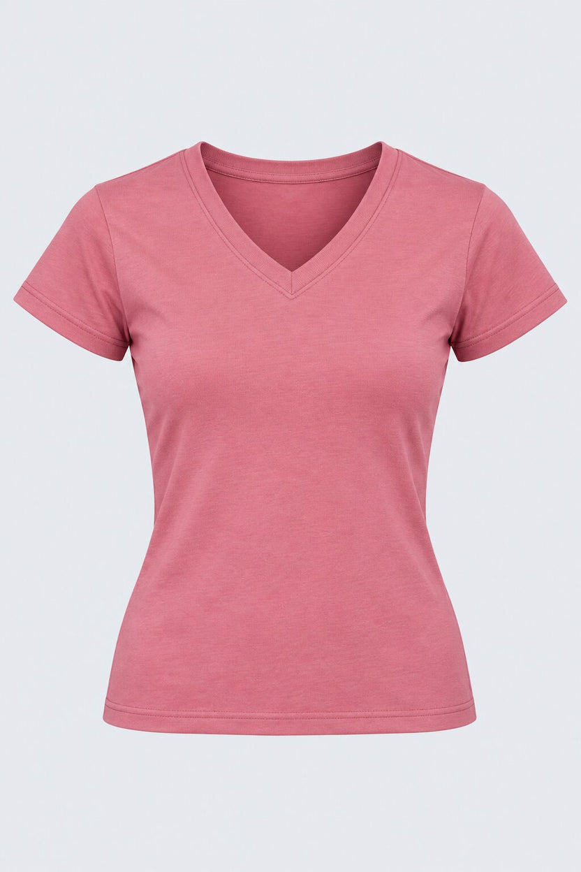 Womens Solid Pink V-Neck T-Shirt - Image 7