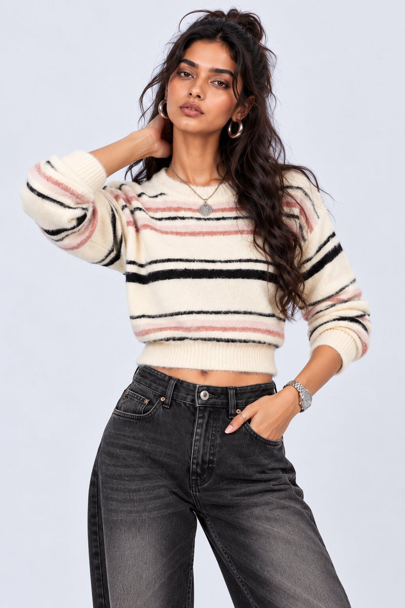 Womens Striped Pink Knit Sweater - Image 2