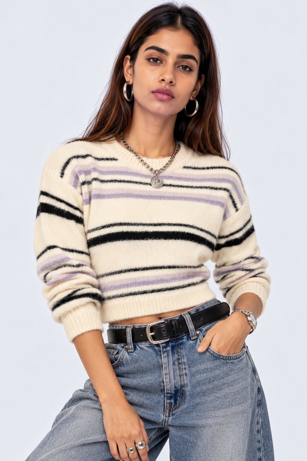Womens Striped Lilac Knit Sweater - Image 1