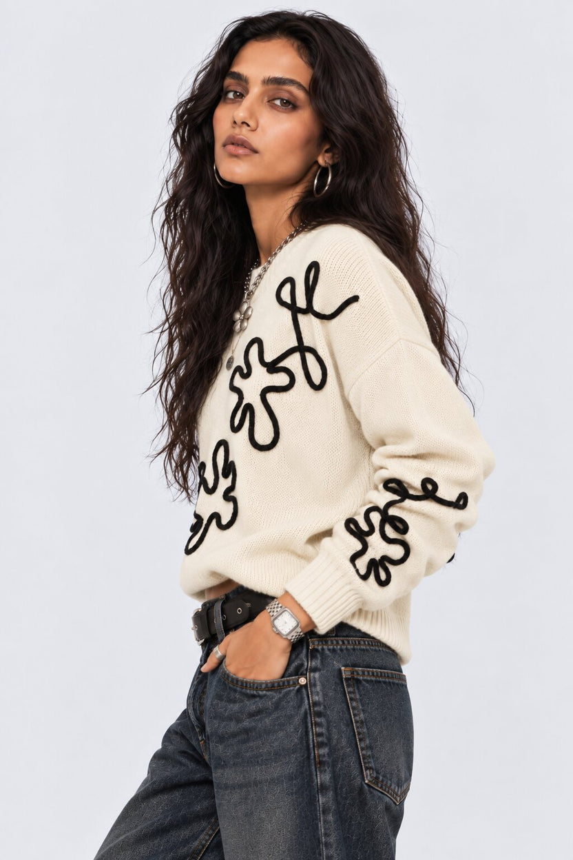 Womens Floral Pattern Knit Pullover Sweater - Image 4