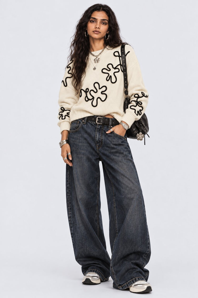 Womens Floral Pattern Knit Pullover Sweater - Image 6
