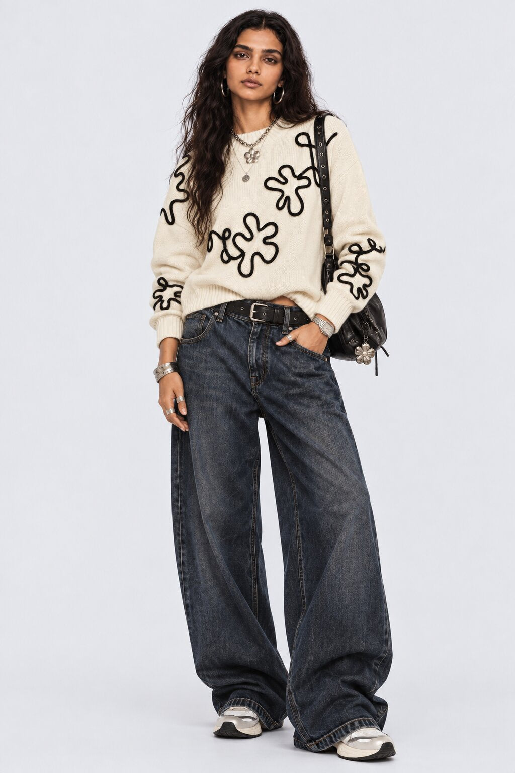 Womens Floral Pattern Knit Pullover Sweater - Image 6
