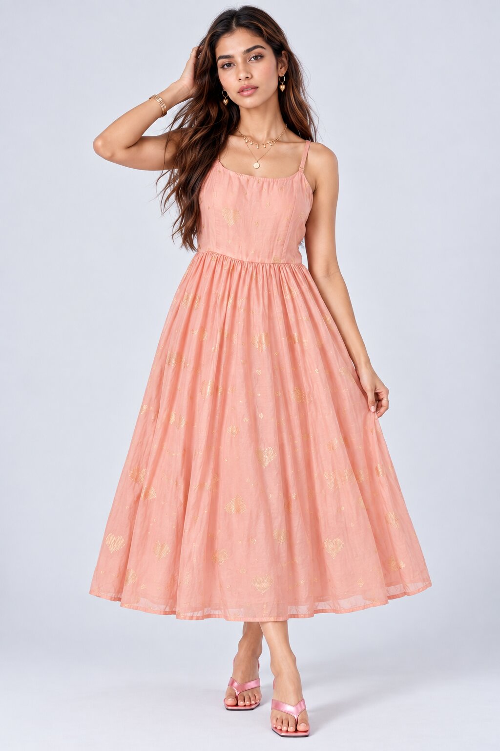 Womens Pink Foil Heart Print Flared Dress - Image 2