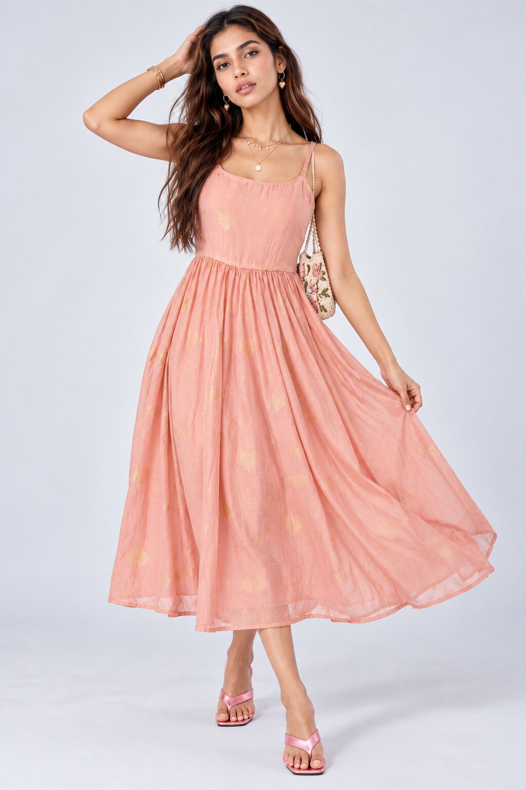 Womens Pink Foil Heart Print Flared Dress - Image 6