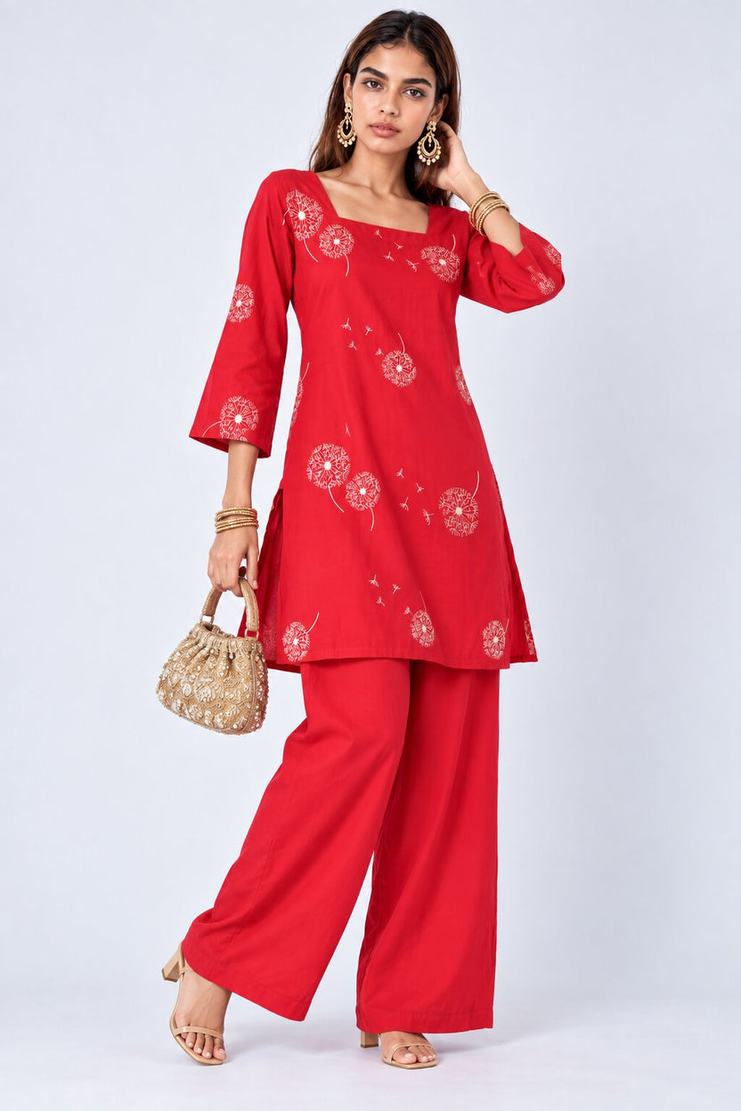 Womens Red Dandelion Print Kurta Palazzo Set - Image 1