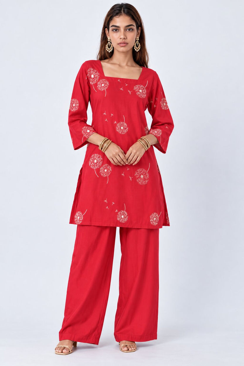 Womens Red Dandelion Print Kurta Palazzo Set - Image 2