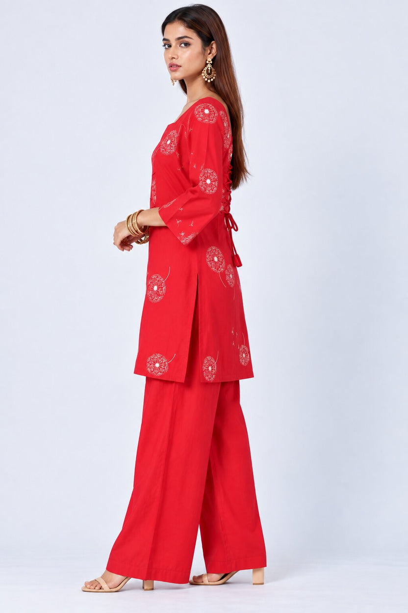 Womens Red Dandelion Print Kurta Palazzo Set - Image 4