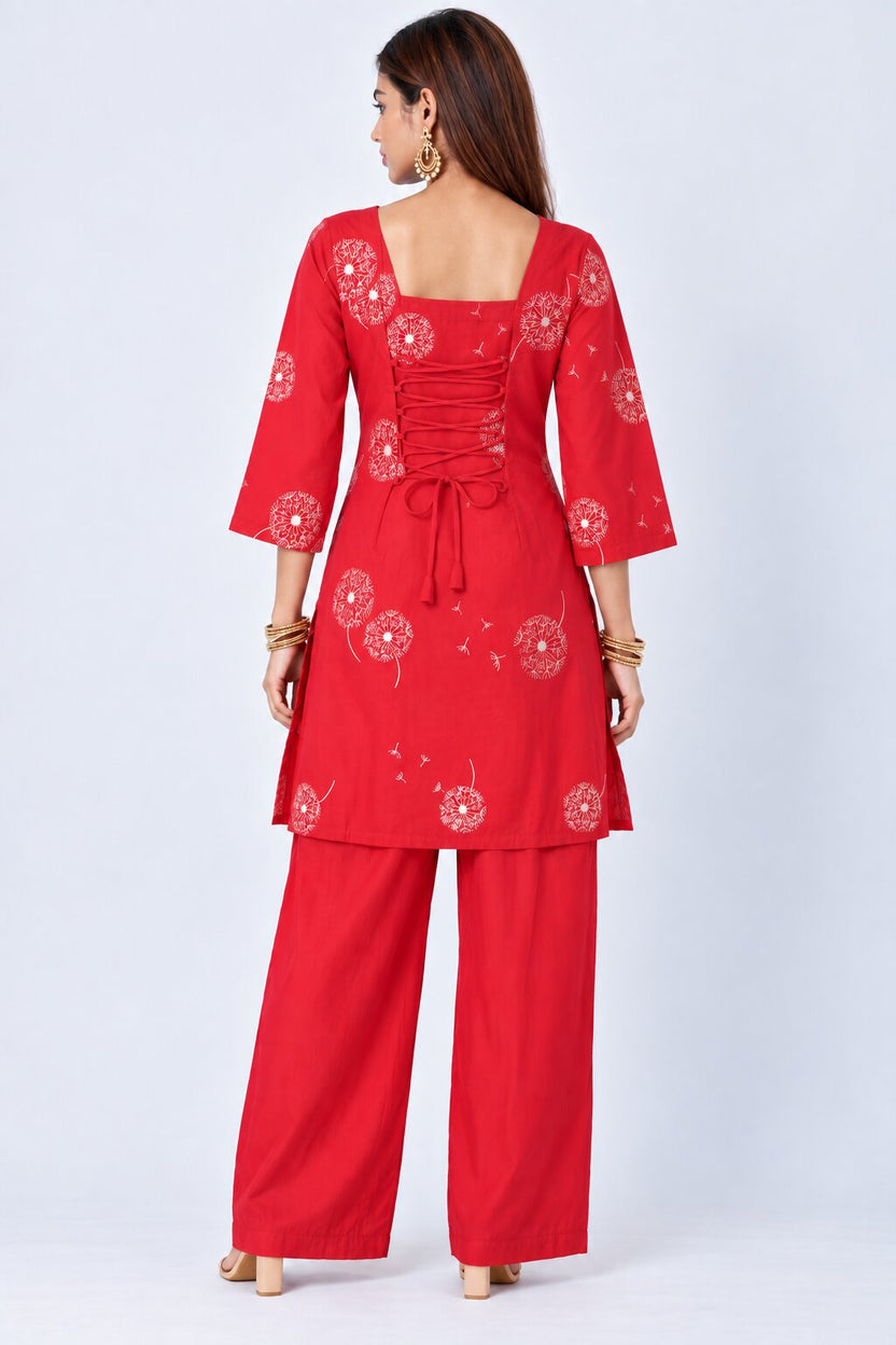 Womens Red Dandelion Print Kurta Palazzo Set - Image 5