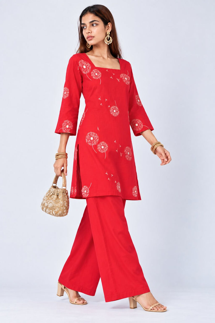 Womens Red Dandelion Print Kurta Palazzo Set - Image 6